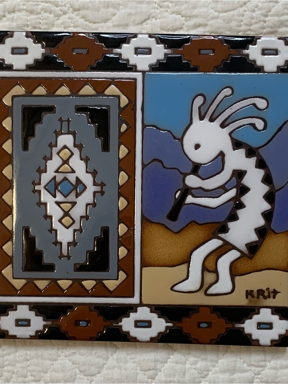 Vintage Earthtones Kokopelli and Geometric Rug Southwestern Ceramic Art Tile -